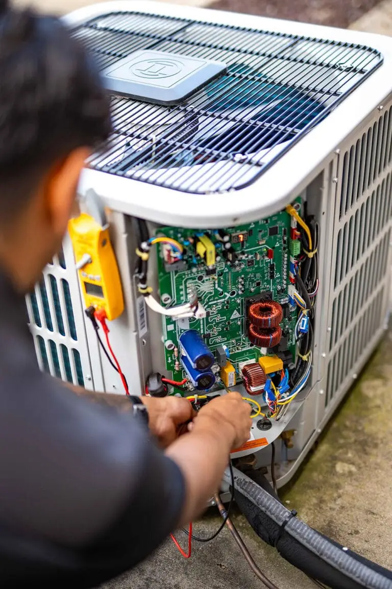 Airstream Services HVAC technician performing electrical diagnostics on the circuit board of a residential AC unit in Middle Tennessee.