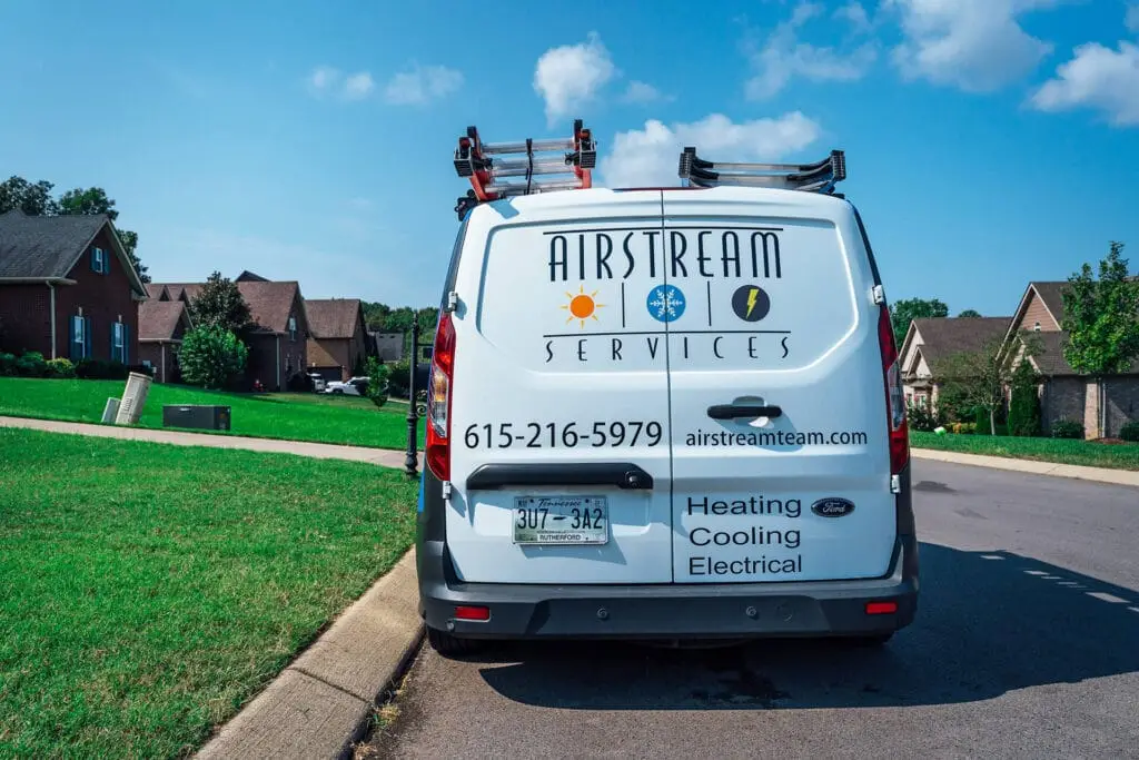 Airstream Services van parked in a Middle Tennessee neighborhood, ready to provide expert heat pump installation and repair services.