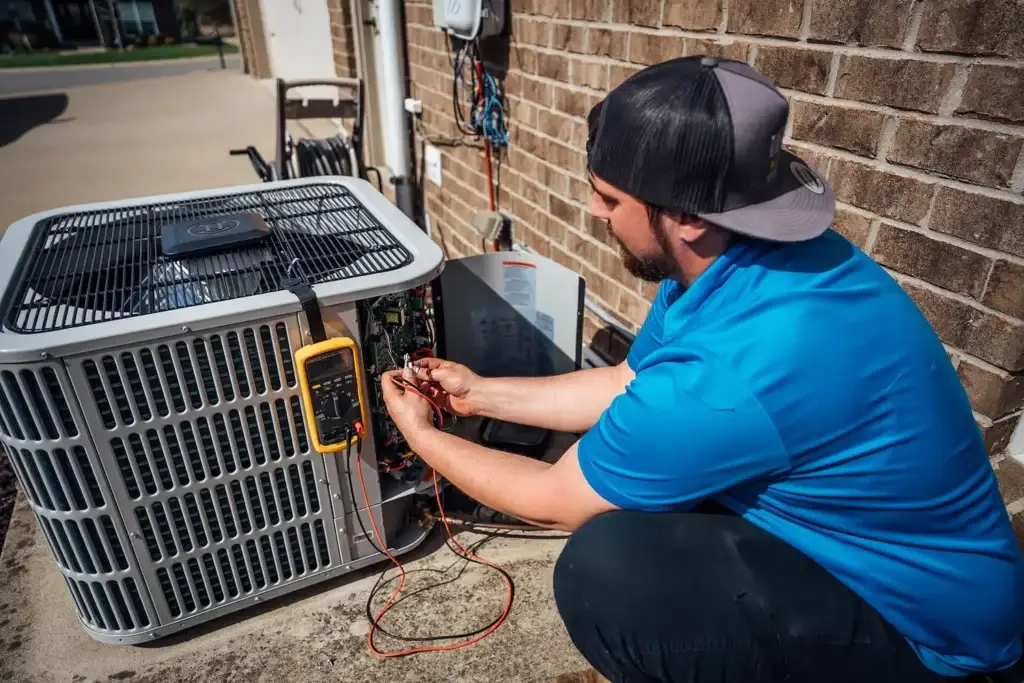 Airstream Services technician testing electrical components of an outdoor air conditioner during scheduled AC maintenance in Middle Tennessee.