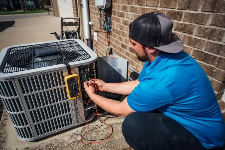 Airstream Services technician testing electrical components of an outdoor air conditioner during scheduled AC maintenance in Middle Tennessee.
