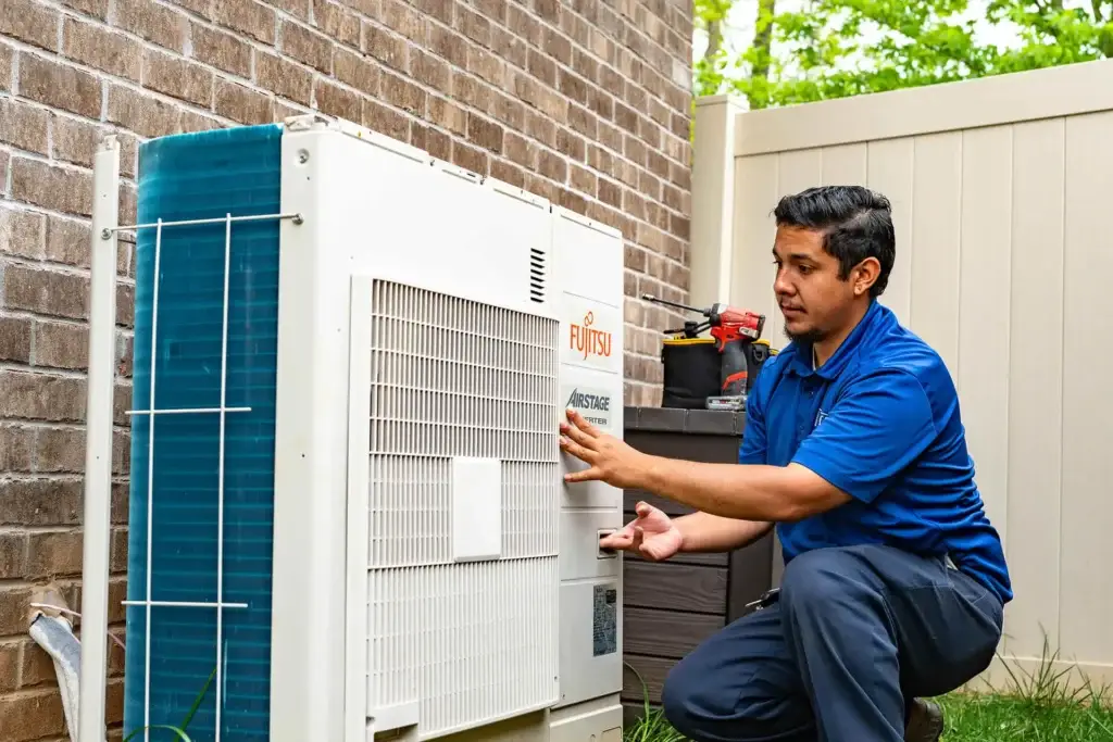 Airstream Services technician inspecting an outdoor unit of a ductless mini-split HVAC system at a Middle Tennessee residence.
