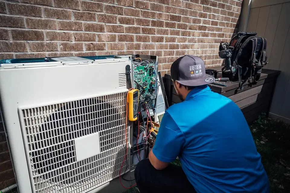 Airstream Services technician testing electrical components inside a ductless mini-split outdoor unit at a Middle Tennessee home.