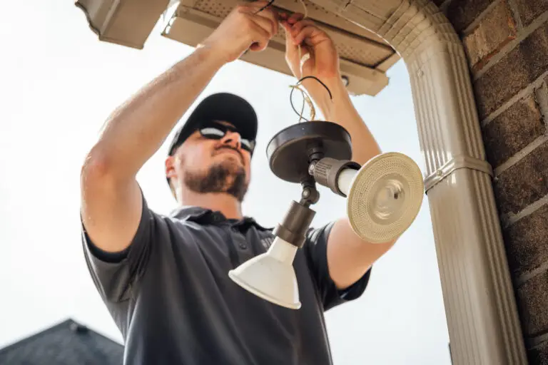 Electrician installing or repairing an outdoor security light fixture under a soffit.