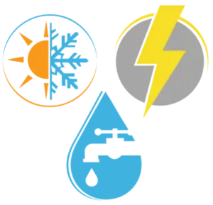 Airstream Plumbing, Heating & Air logo showing icons for HVAC (sun and snowflake), Electrical (lightning bolt), and Plumbing (water droplet with faucet).