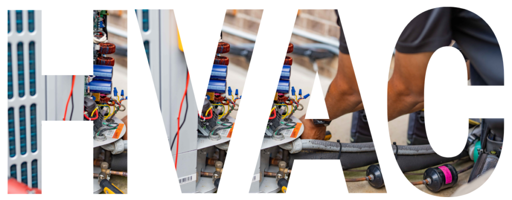 The word "HVAC" formed by cutouts revealing an image of a technician working on an HVAC unit's internal components.