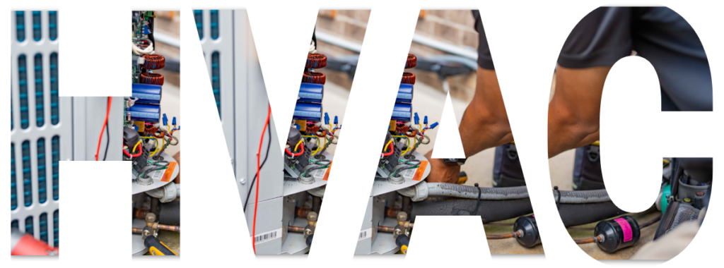 The word "HVAC" formed by cutouts revealing an image of a technician working on an HVAC unit's internal components.