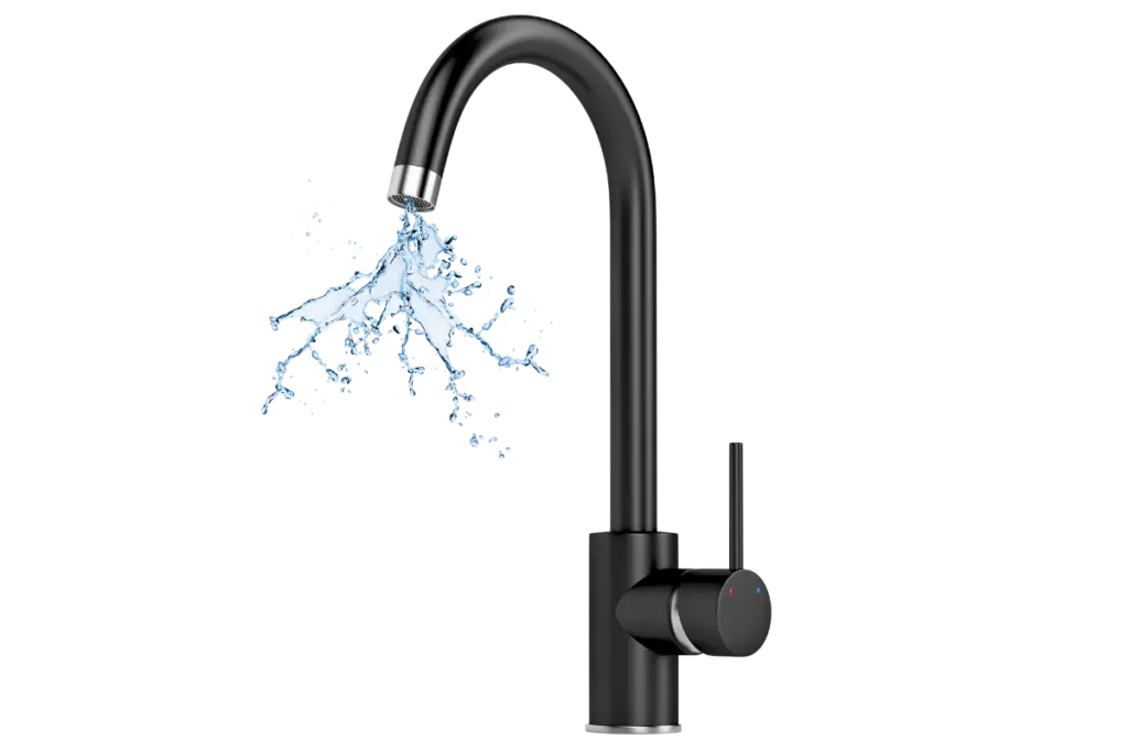 Modern matte black kitchen faucet with water splashing outward from the spout.