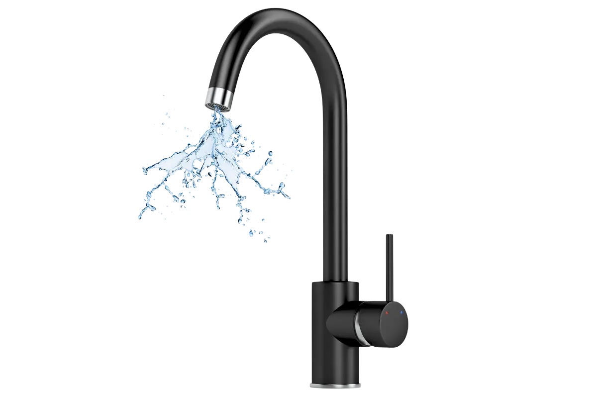 Modern matte black kitchen faucet with water splashing outward from the spout.