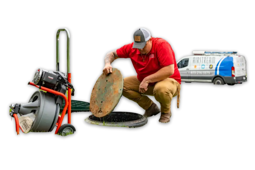 Airstream Plumbing technician lifting a sewer cleanout cover next to a drain cleaning machine, with a branded service van in the background.