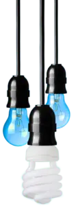 Three hanging light bulbs: two blue incandescent and one white compact fluorescent (CFL).