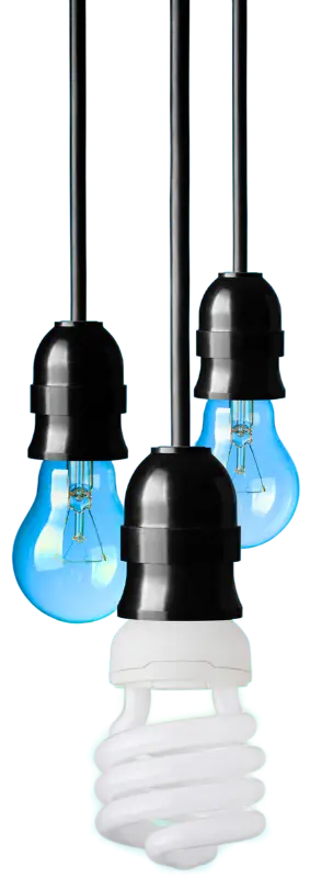 Three hanging light bulbs: two blue incandescent and one white compact fluorescent (CFL).