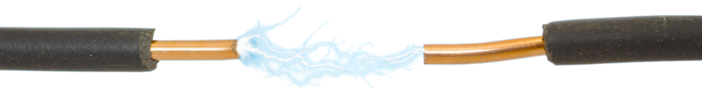 An electrical wire with damaged insulation showing a blue electrical arc, symbolizing a short circuit or faulty wiring.