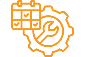 outline icon of a calendar with checkmarks and a gear with a wrench, symbolizing scheduled maintenance and service.