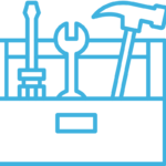 Blue outline icon of a toolbox containing a screwdriver, wrench, and hammer, symbolizing installation services.
