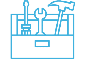 Blue outline icon of a toolbox containing a screwdriver, wrench, and hammer, symbolizing installation services.