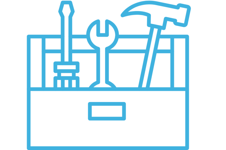 Blue outline icon of a toolbox containing a screwdriver, wrench, and hammer, symbolizing installation services.