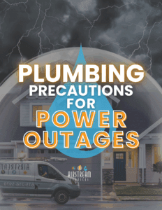 Plumbing precautions for power outages graphic with Airstream Services van in front of a Murfreesboro home during a storm.