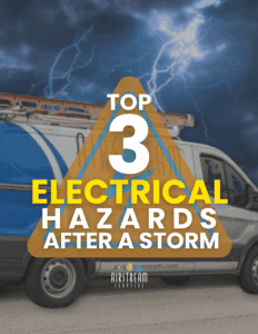 Graphic of Airstream Services van with storm lightning background and text reading “Top 3 Electrical Hazards After a Storm.