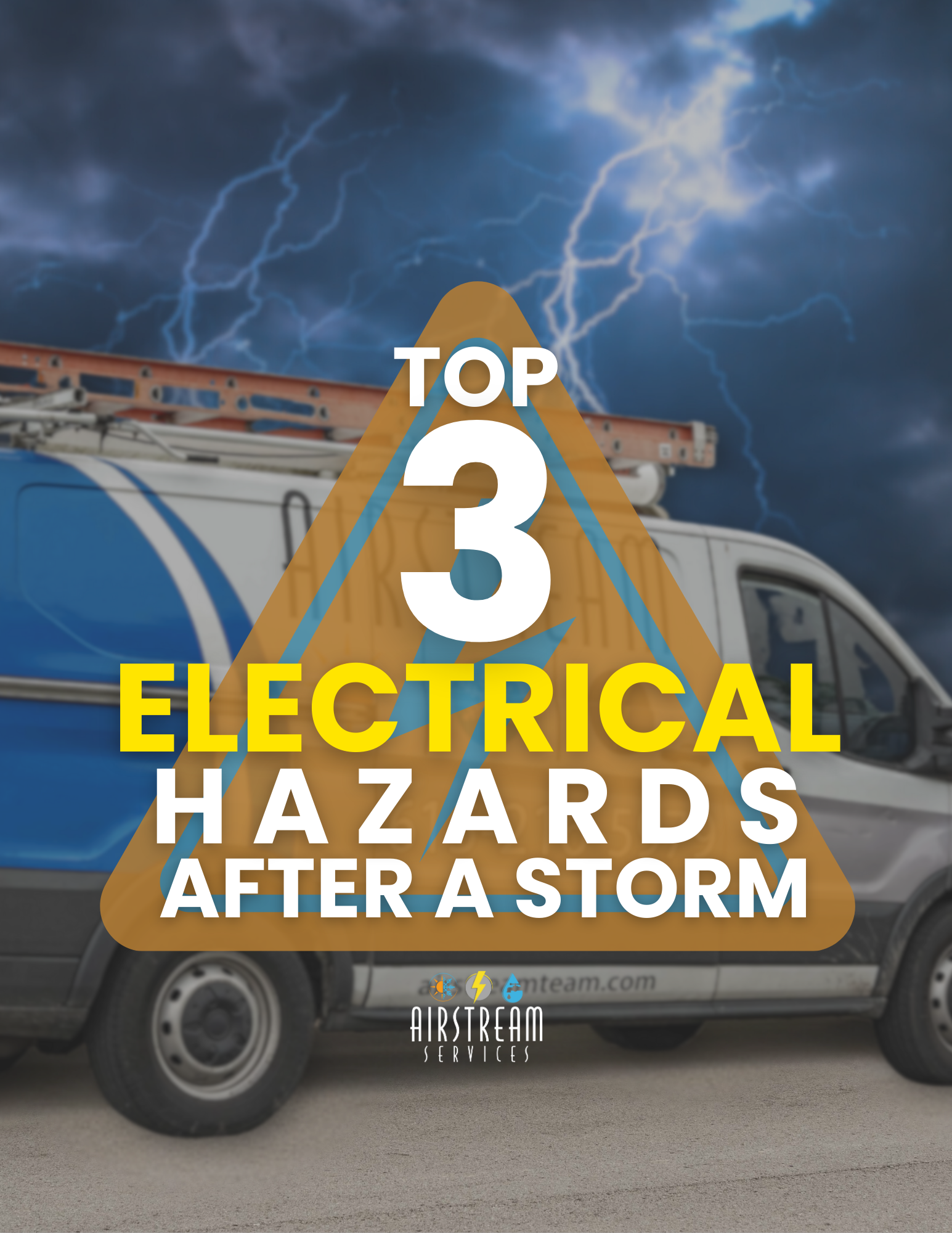 Graphic of Airstream Services van with storm lightning background and text reading “Top 3 Electrical Hazards After a Storm.